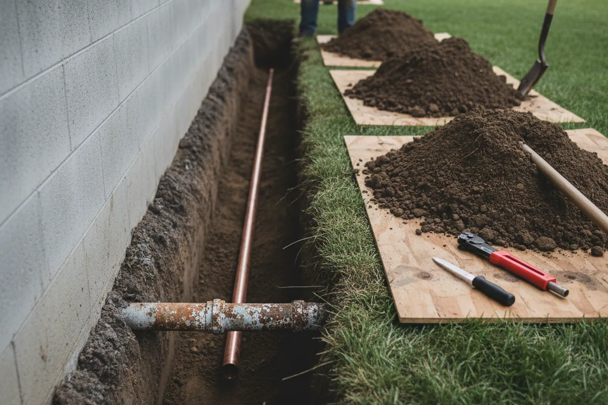 Excavated water line trench during Sewer Line Repair in Whitewater
